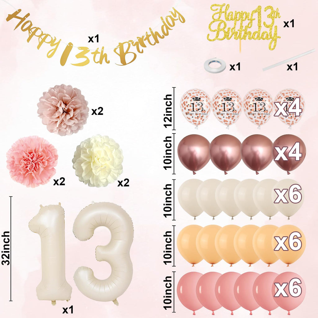 Froova 13th Birthday Decorations for Girl - Blush Pink Balloon Kit with Banner, Cake Topper, Pom Poms