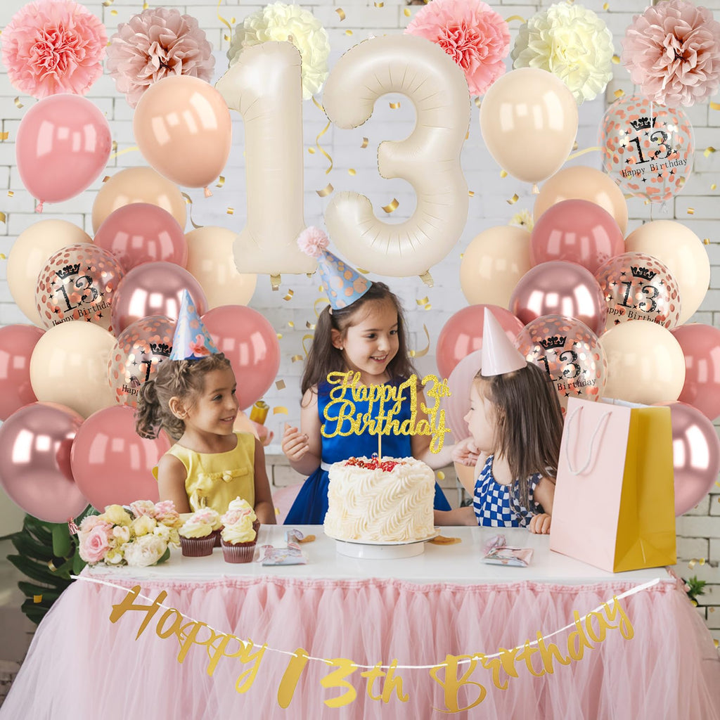 Froova 13th Birthday Decorations for Girl - Blush Pink Balloon Kit with Banner, Cake Topper, Pom Poms