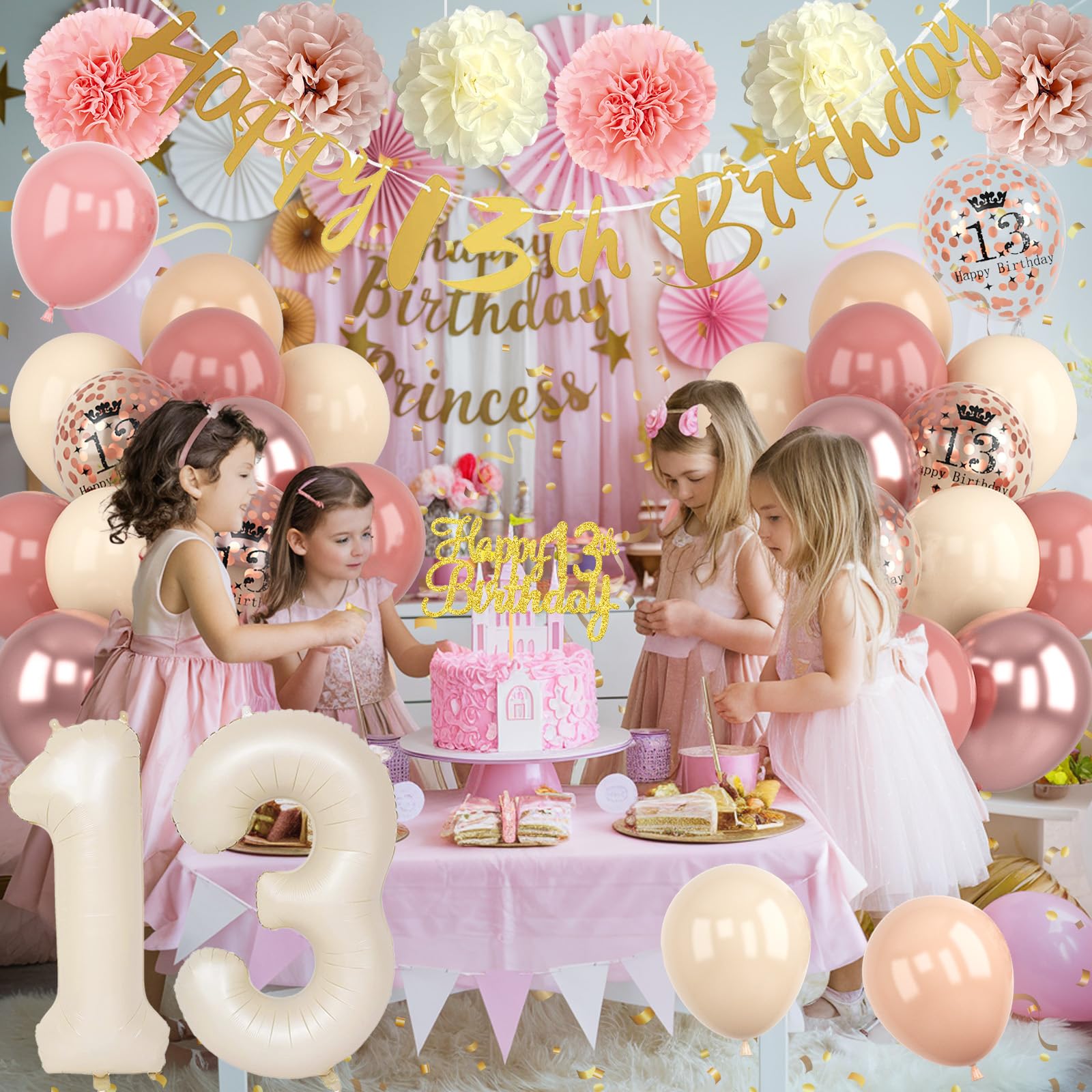 Froova 13th Birthday Decorations for Girl - Blush Pink Balloon Kit with Banner, Cake Topper, Pom Poms