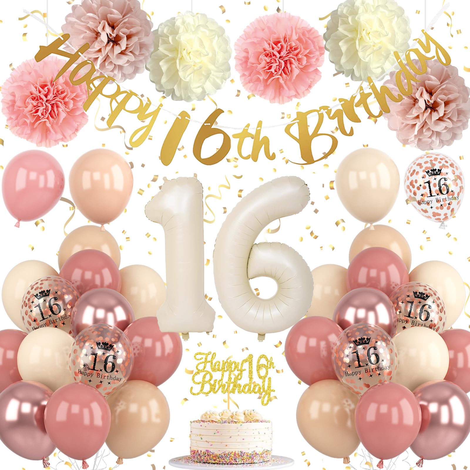 Froova 16th Birthday Decorations – Retro Blush Pink Sweet 16 Balloon Kit with Banner & Cake Topper