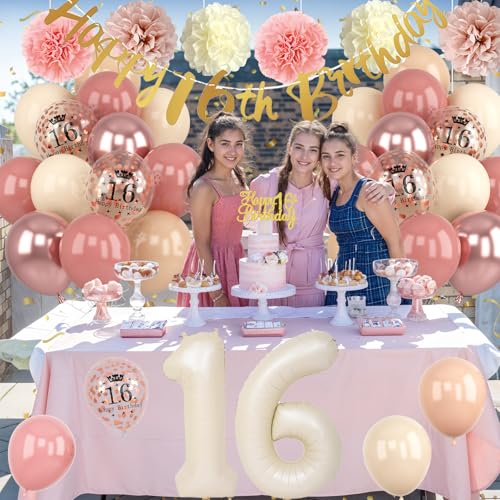 Froova 16th Birthday Decorations – Retro Blush Pink Sweet 16 Balloon Kit with Banner & Cake Topper