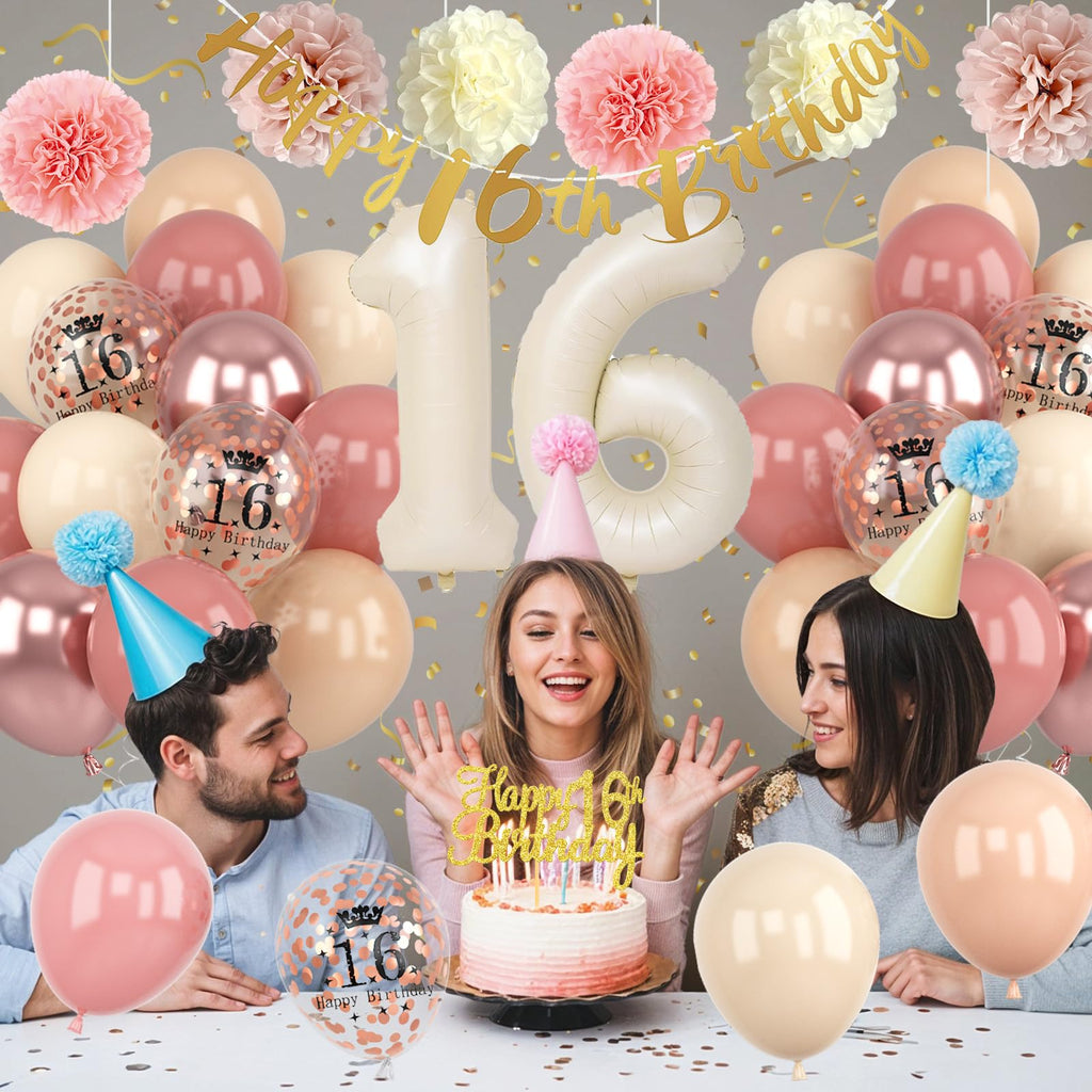Froova 16th Birthday Decorations – Retro Blush Pink Sweet 16 Balloon Kit with Banner & Cake Topper