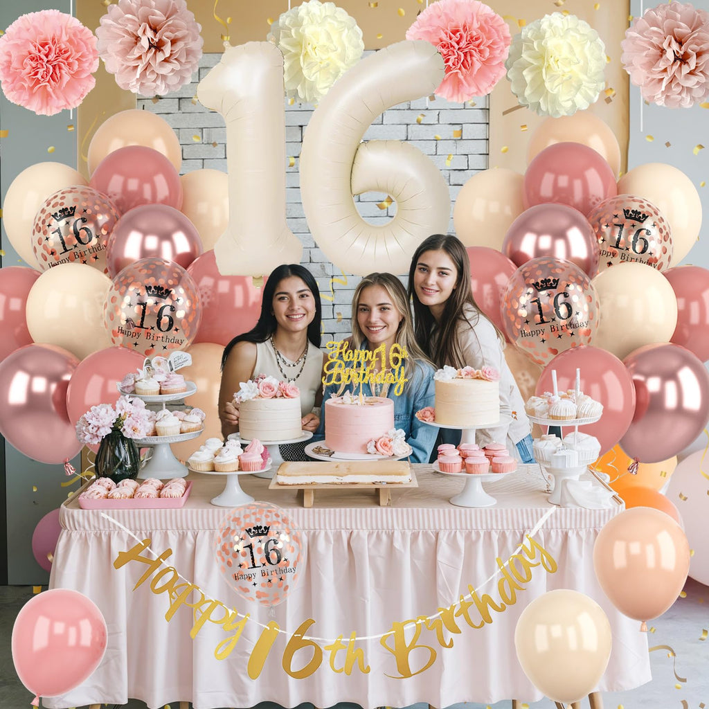 Froova 16th Birthday Decorations – Retro Blush Pink Sweet 16 Balloon Kit with Banner & Cake Topper