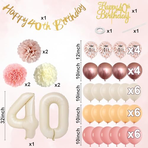 Froova 40th Birthday Decorations for Women – Retro Blush Pink Balloon Kit with Banner & Cake Topper