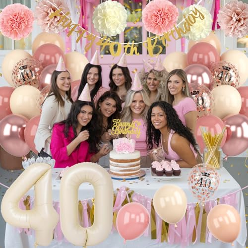 Froova 40th Birthday Decorations for Women – Retro Blush Pink Balloon Kit with Banner & Cake Topper