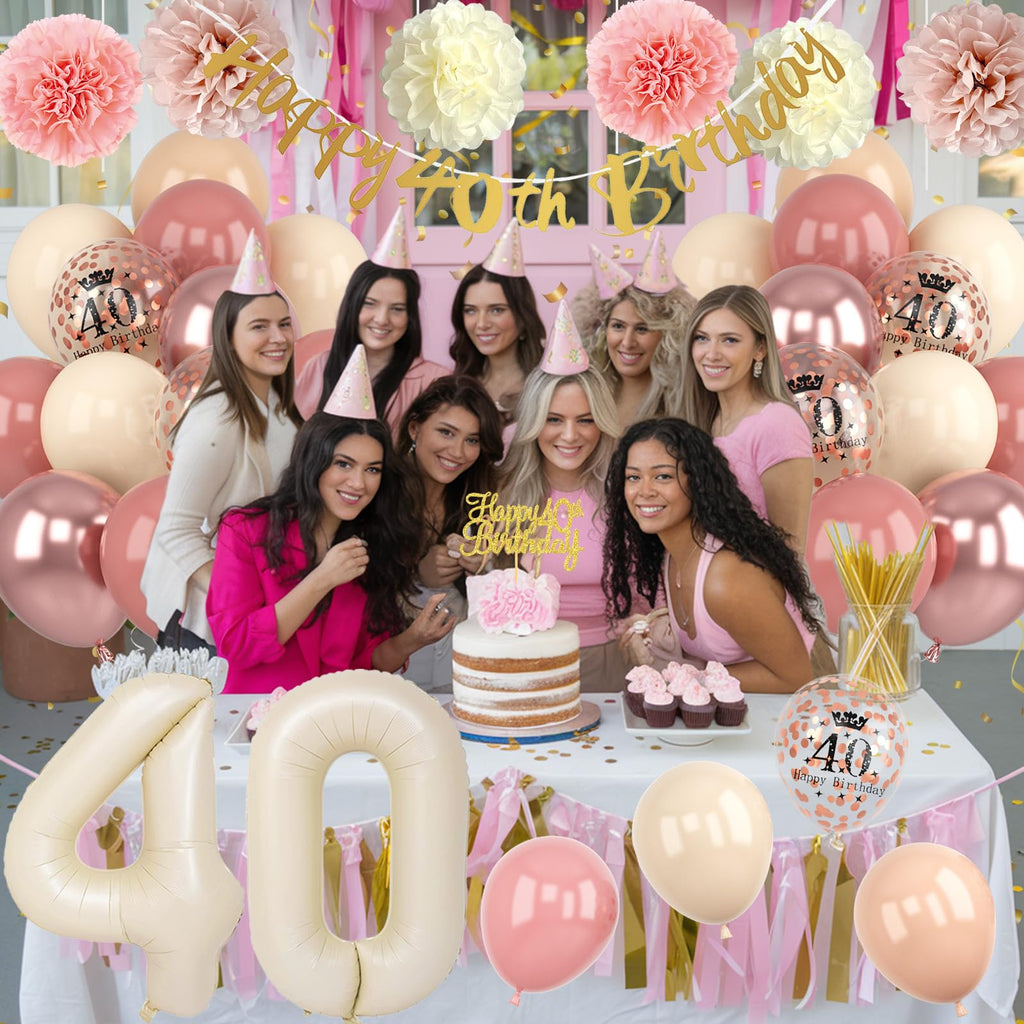 Froova 40th Birthday Decorations for Women – Retro Blush Pink Balloon Kit with Banner & Cake Topper