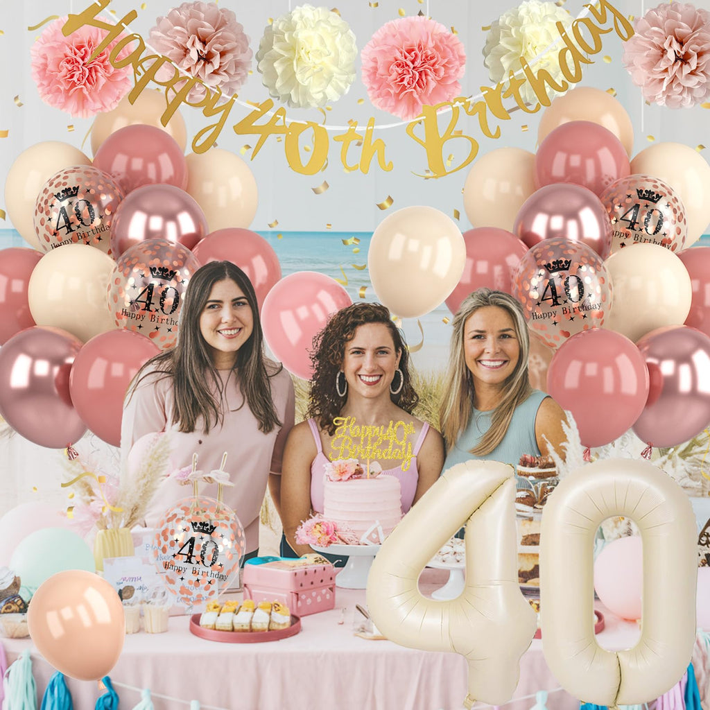 Froova 40th Birthday Decorations for Women – Retro Blush Pink Balloon Kit with Banner & Cake Topper