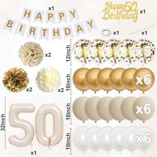 Froova 50th Birthday Decorations: Beige Gold Balloon Set with Banner, Cake Topper & More for Women or Men