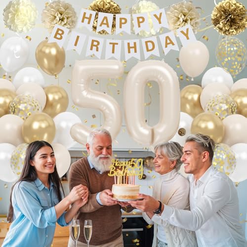 Froova 50th Birthday Decorations: Beige Gold Balloon Set with Banner, Cake Topper & More for Women or Men