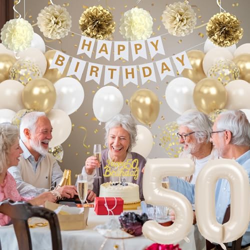 Froova 50th Birthday Decorations: Beige Gold Balloon Set with Banner, Cake Topper & More for Women or Men