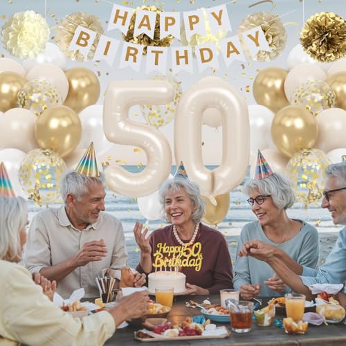 Froova 50th Birthday Decorations: Beige Gold Balloon Set with Banner, Cake Topper & More for Women or Men