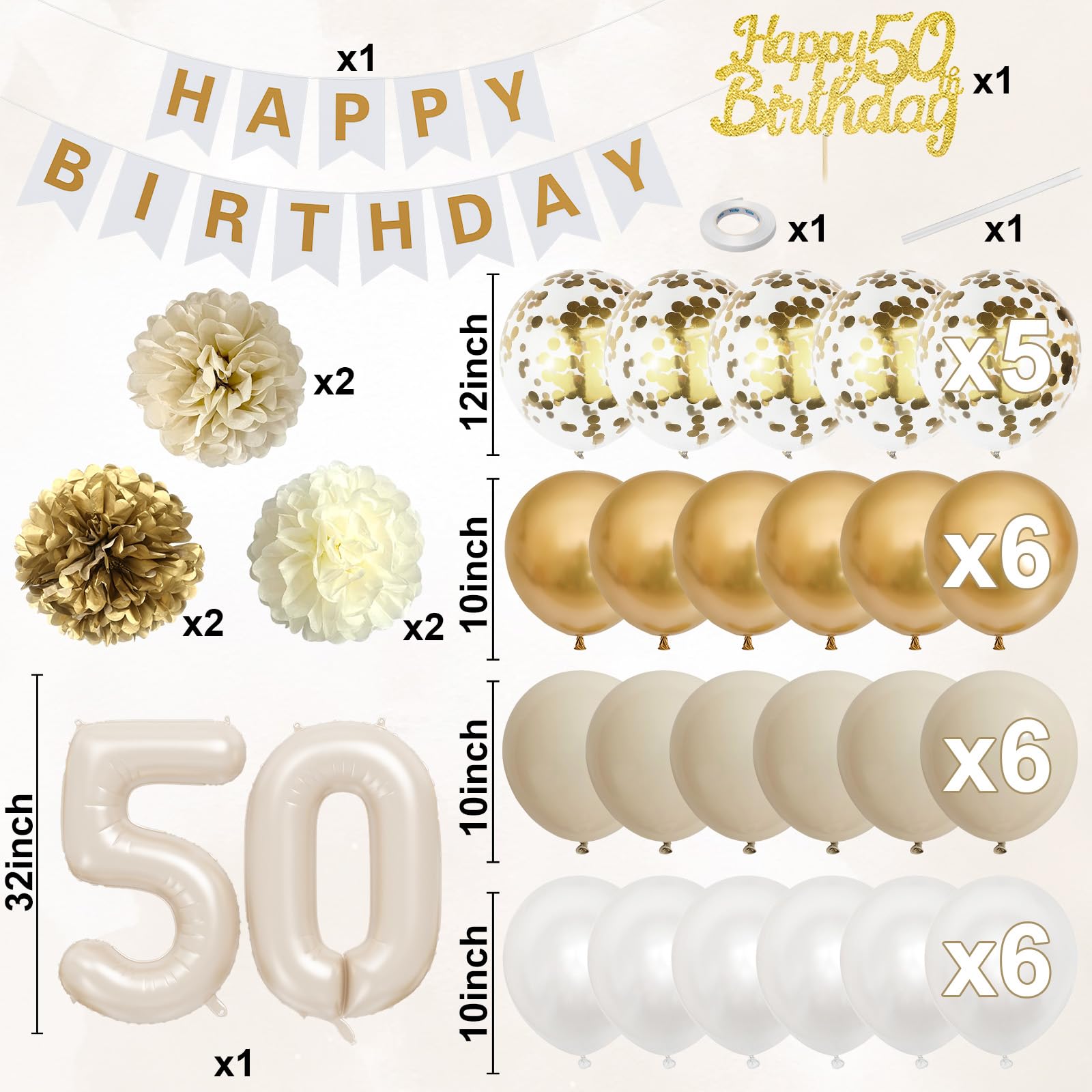Froova 50th Birthday Decorations: Beige Gold Balloon Set with Banner, Cake Topper & More for Women or Men