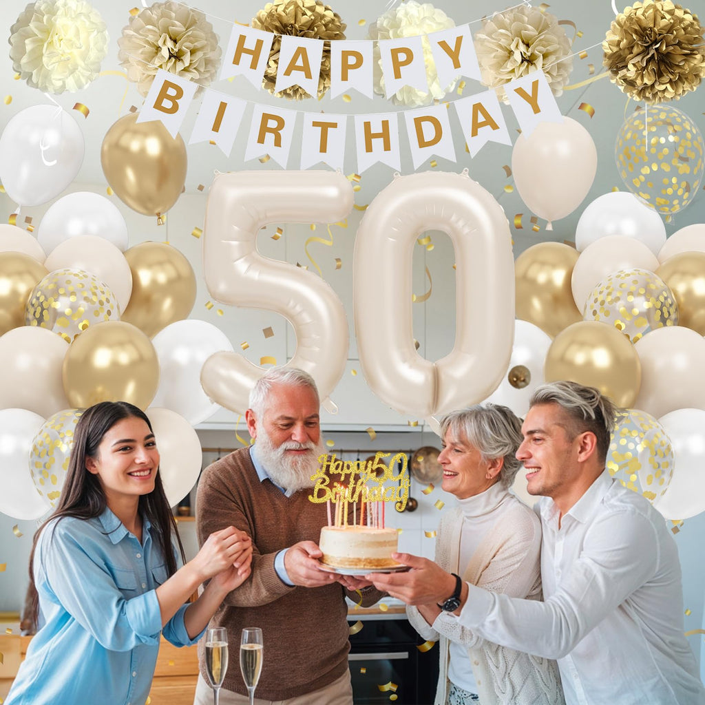 Froova 50th Birthday Decorations: Beige Gold Balloon Set with Banner, Cake Topper & More for Women or Men