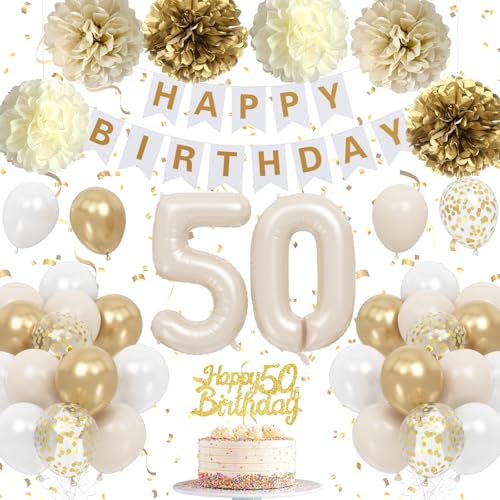 Froova 50th Birthday Decorations: Beige Gold Balloon Set with Banner, Cake Topper & More for Women or Men