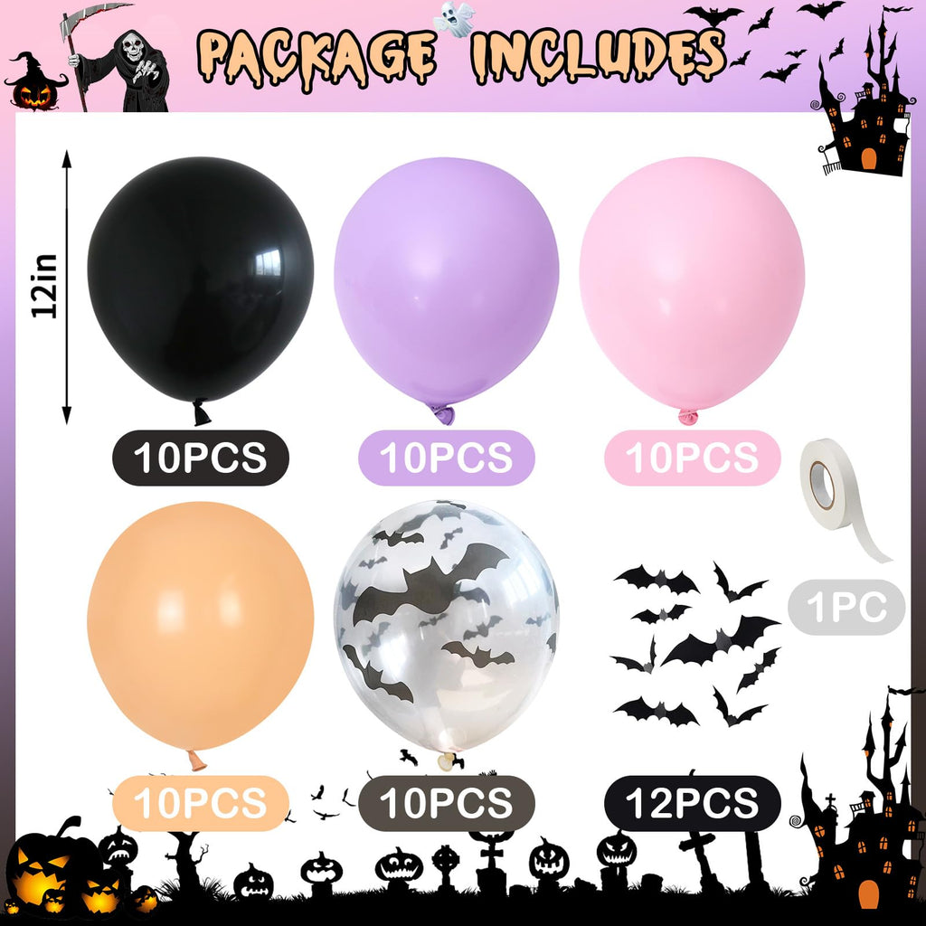 Froova 51-Piece Halloween Balloon Set - Pastel Pink Purple Black with Bat Stickers & Ribbon