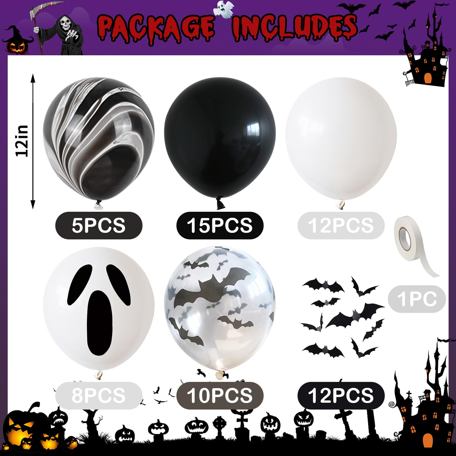 Froova 51-Piece Halloween Balloon Set with Bat Stickers and Ghost Balloons