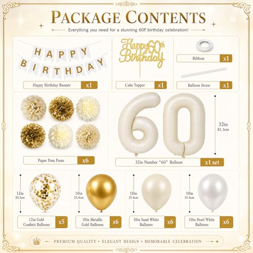 Froova 60th Birthday Decorations 33-Piece Set – Beige Gold White Neutral Party Supplies