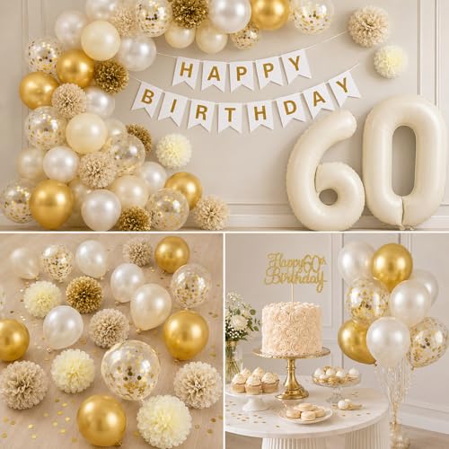 Froova 60th Birthday Decorations 33-Piece Set – Beige Gold White Neutral Party Supplies