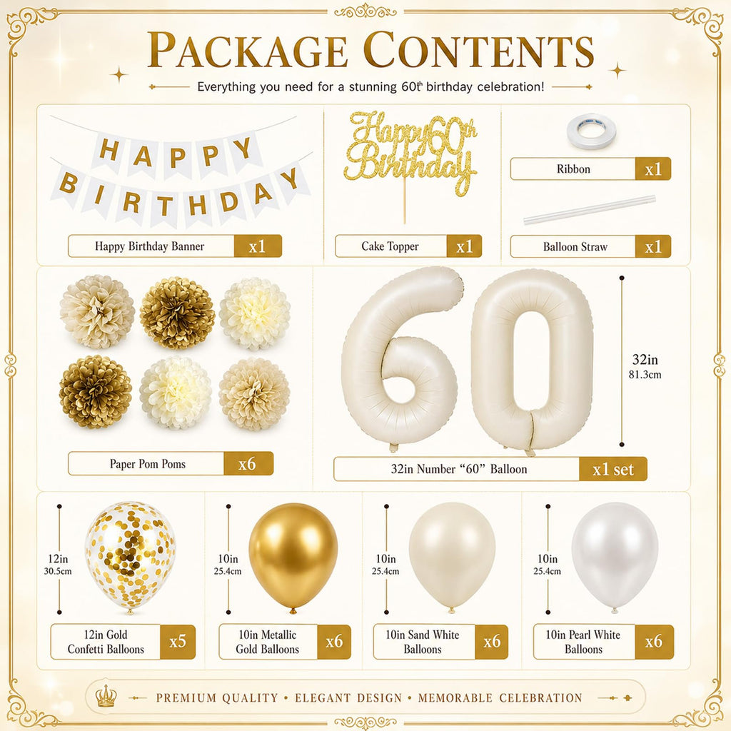 Froova 60th Birthday Decorations 33-Piece Set – Beige Gold White Neutral Party Supplies