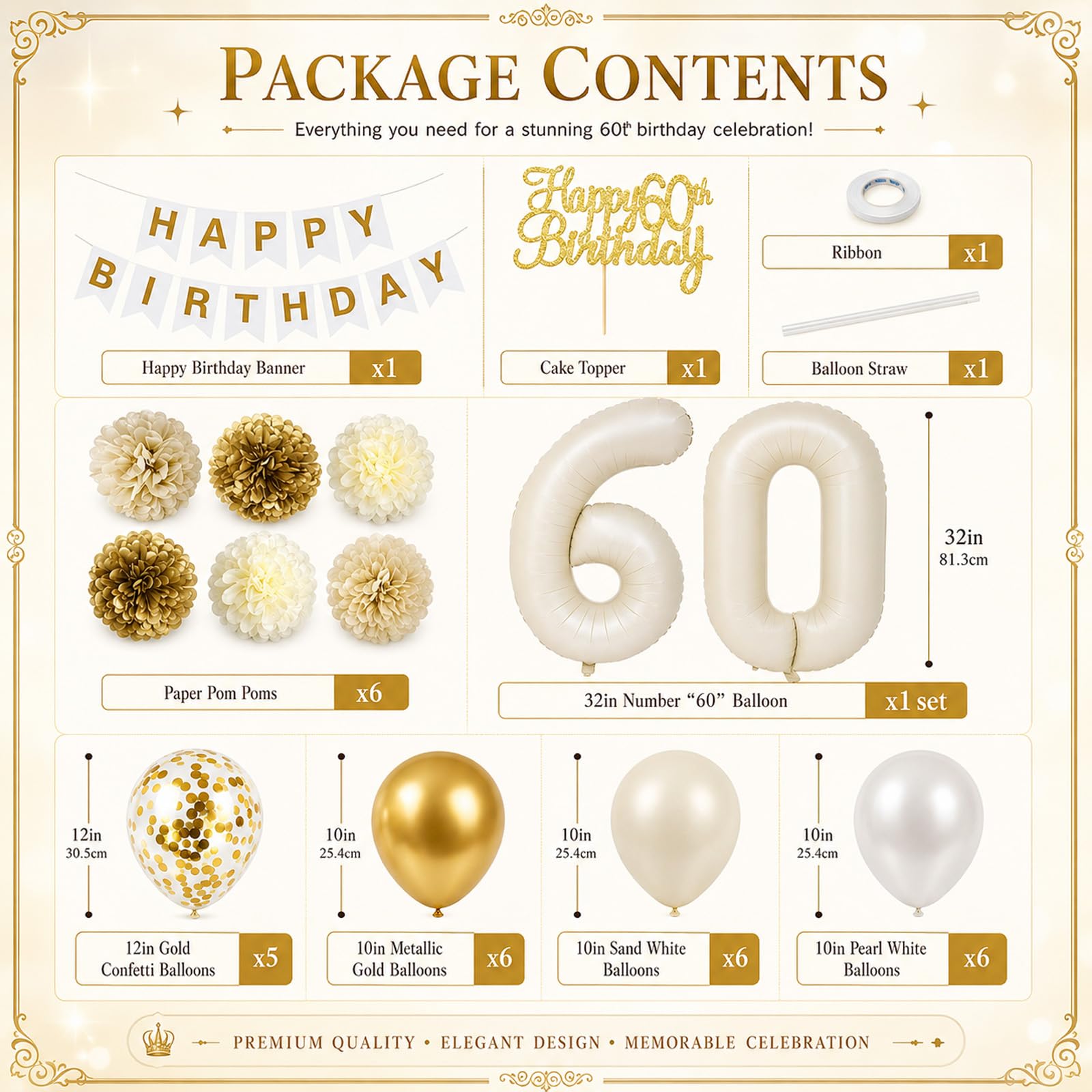 Froova 60th Birthday Decorations 33-Piece Set – Beige Gold White Neutral Party Supplies