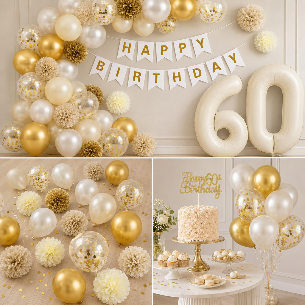 Froova 60th Birthday Decorations 33-Piece Set – Beige Gold White Neutral Party Supplies