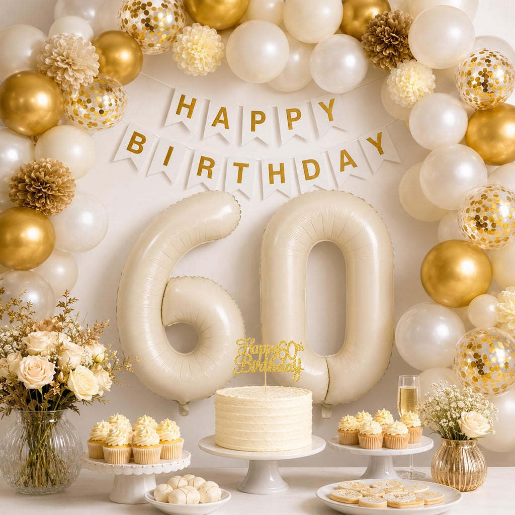 Froova 60th Birthday Decorations 33-Piece Set – Beige Gold White Neutral Party Supplies