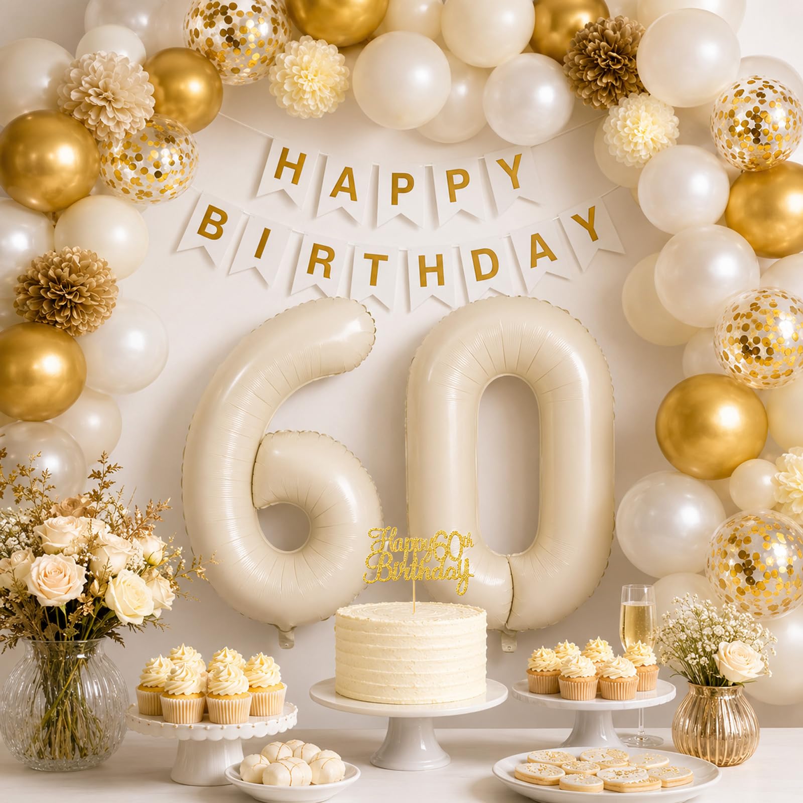 Froova 60th Birthday Decorations 33-Piece Set – Beige Gold White Neutral Party Supplies