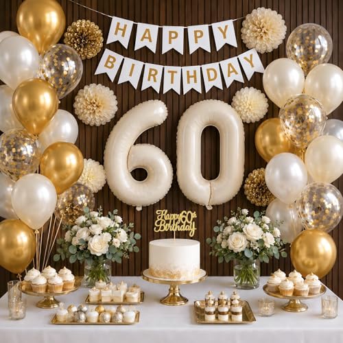 Froova 60th Birthday Decorations 33-Piece Set – Beige Gold White Neutral Party Supplies