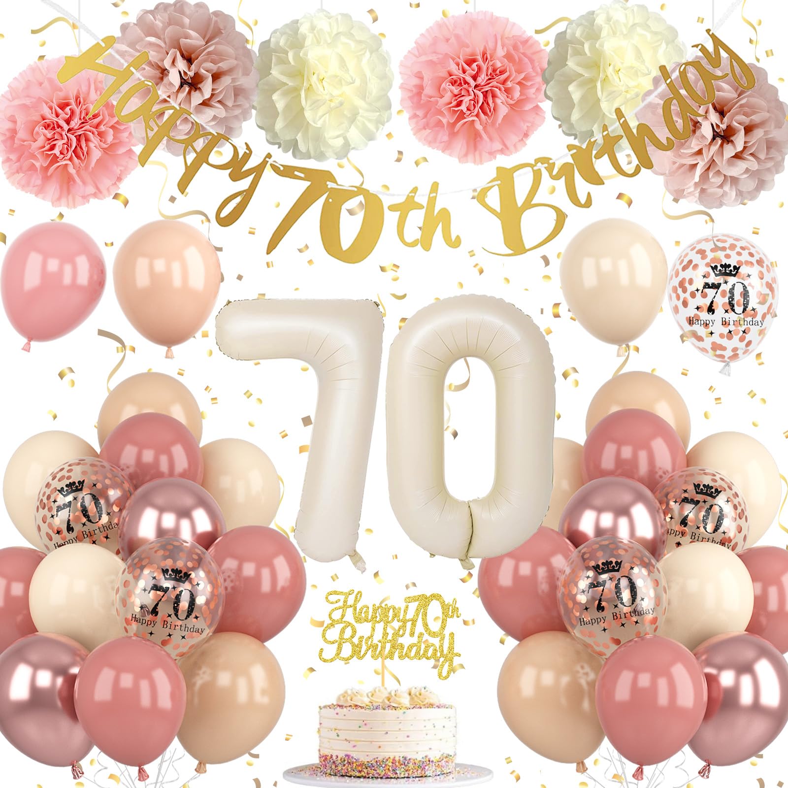 Froova 70th Birthday Decorations for Women - Dusty Blush Pink Balloons, Banner, Cake Topper & Pom Poms