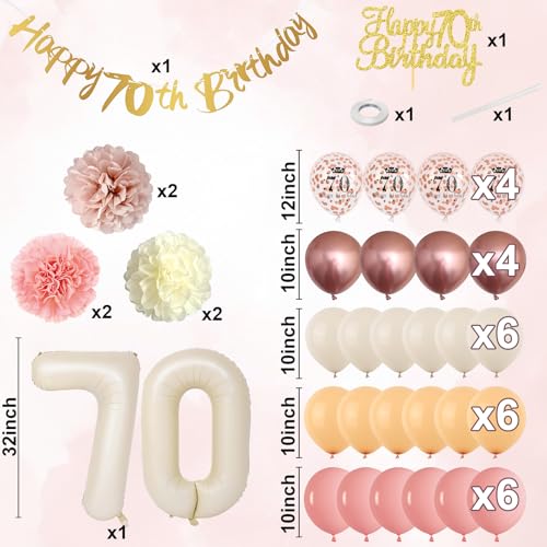 Froova 70th Birthday Decorations for Women - Dusty Blush Pink Balloons, Banner, Cake Topper & Pom Poms