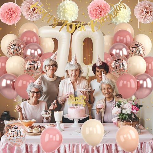 Froova 70th Birthday Decorations for Women - Dusty Blush Pink Balloons, Banner, Cake Topper & Pom Poms
