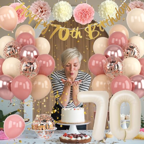 Froova 70th Birthday Decorations for Women - Dusty Blush Pink Balloons, Banner, Cake Topper & Pom Poms