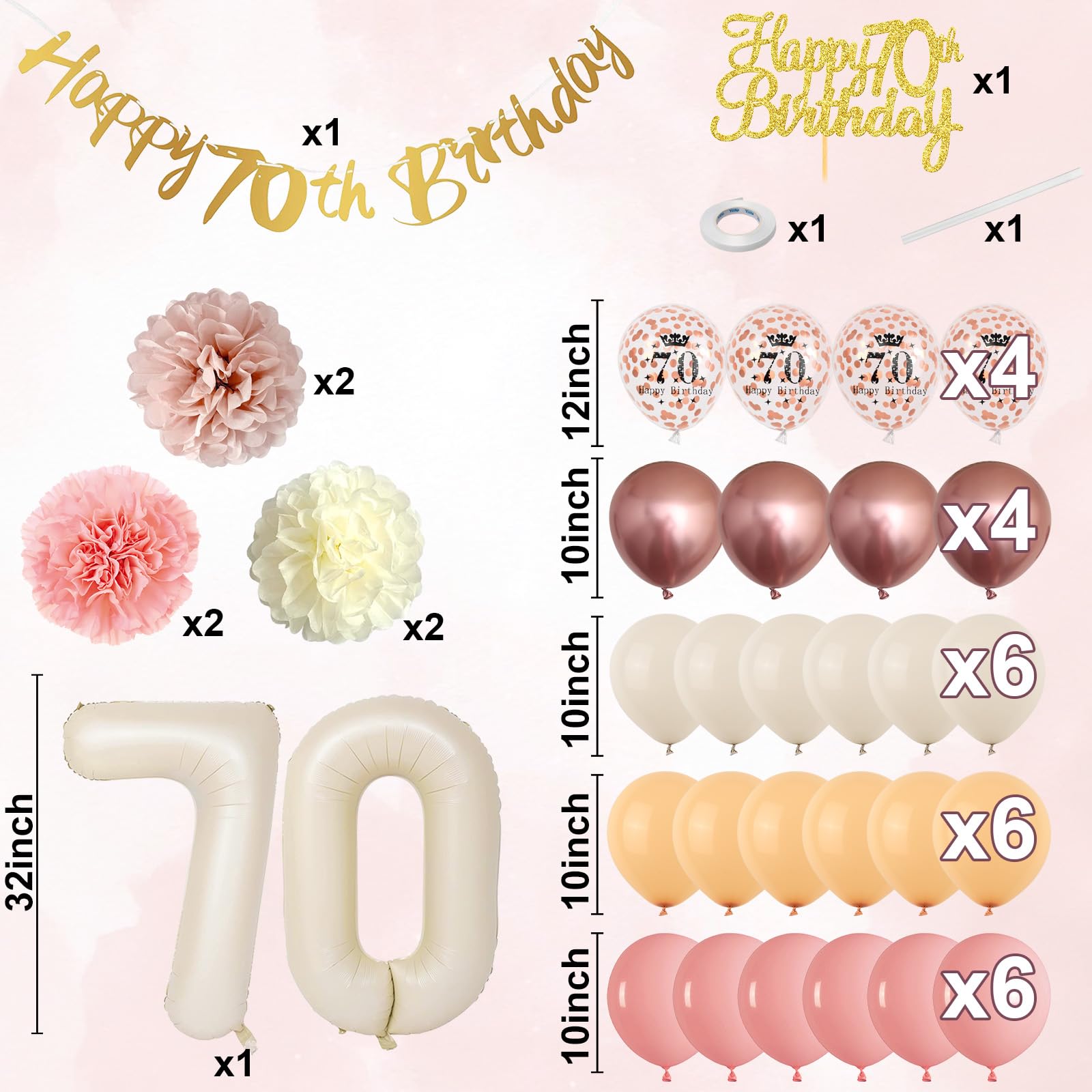 Froova 70th Birthday Decorations for Women - Dusty Blush Pink Balloons, Banner, Cake Topper & Pom Poms