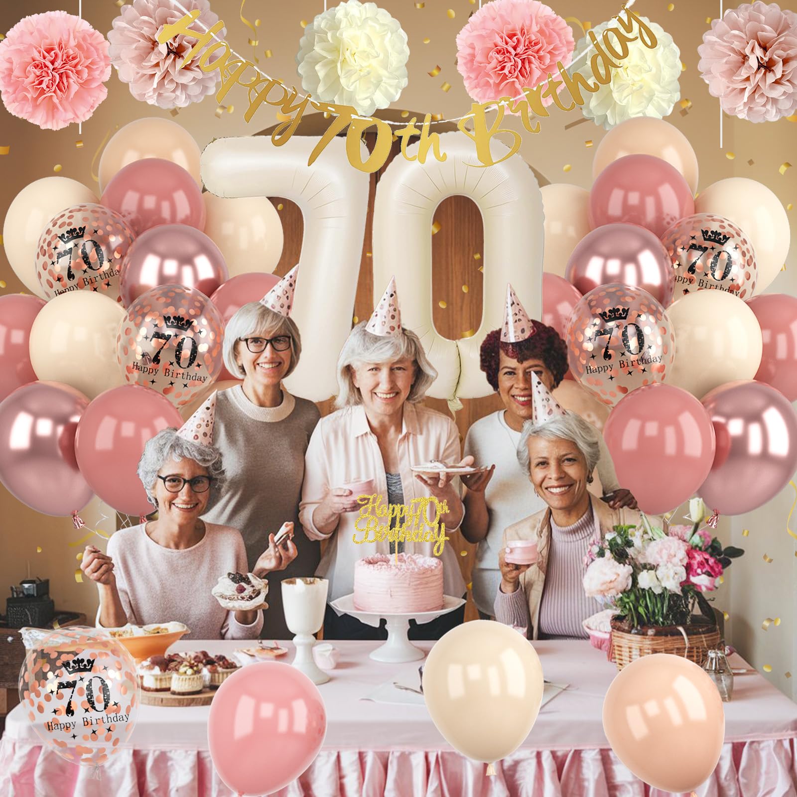 Froova 70th Birthday Decorations for Women - Dusty Blush Pink Balloons, Banner, Cake Topper & Pom Poms