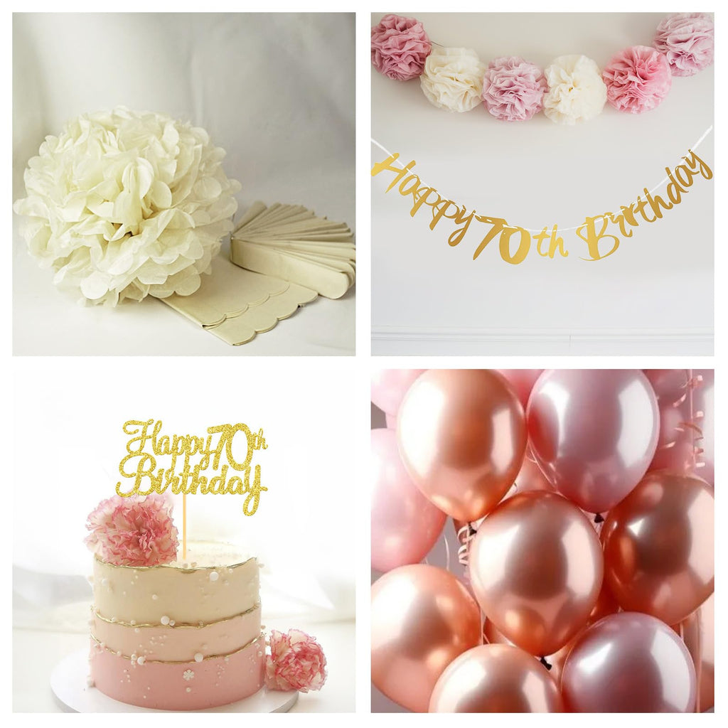 Froova 70th Birthday Decorations for Women - Dusty Blush Pink Balloons, Banner, Cake Topper & Pom Poms