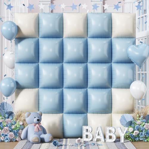Froova Baby Blue White 25PCS Square Foil Balloons Backdrop Kit - 19 Inch Double Sided for Baby Shower, Boho, Birthday Party Decor