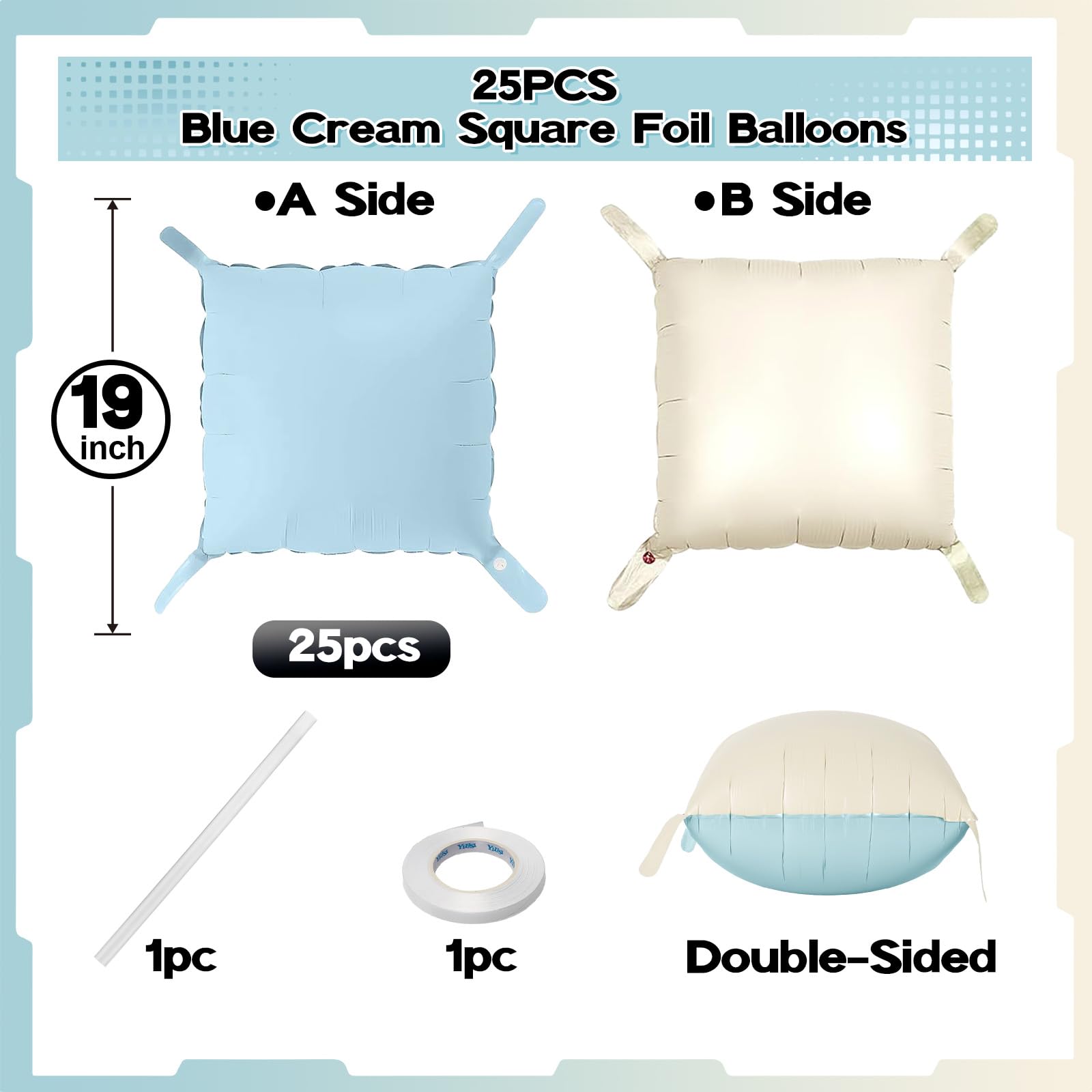 Froova Baby Blue White 25PCS Square Foil Balloons Backdrop Kit - 19 Inch Double Sided for Baby Shower, Boho, Birthday Party Decor