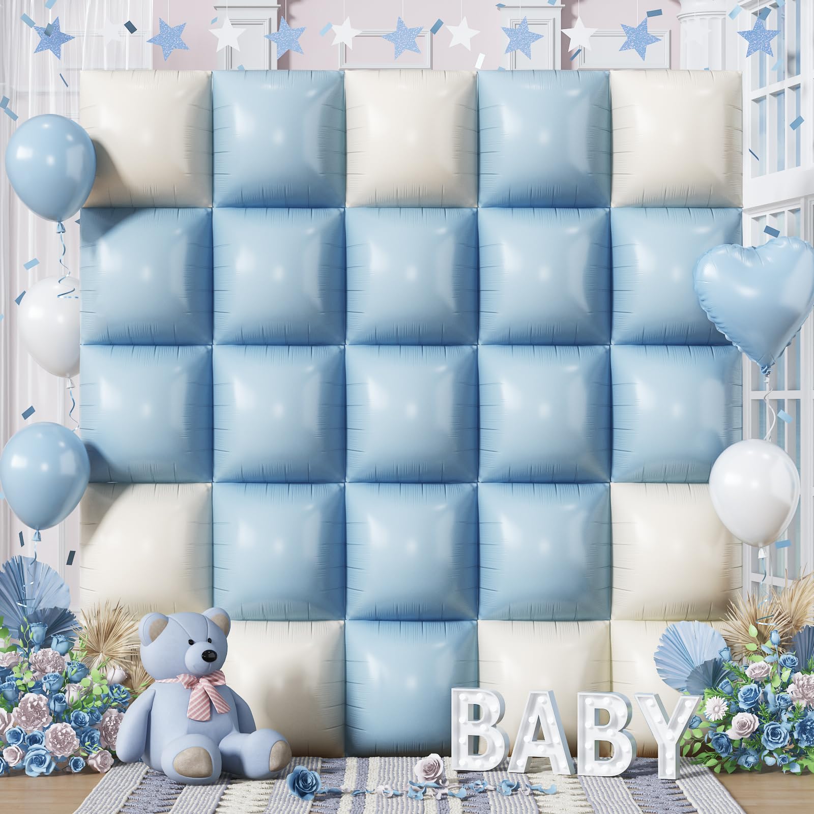 Froova Baby Blue White 25PCS Square Foil Balloons Backdrop Kit - 19 Inch Double Sided for Baby Shower, Boho, Birthday Party Decor