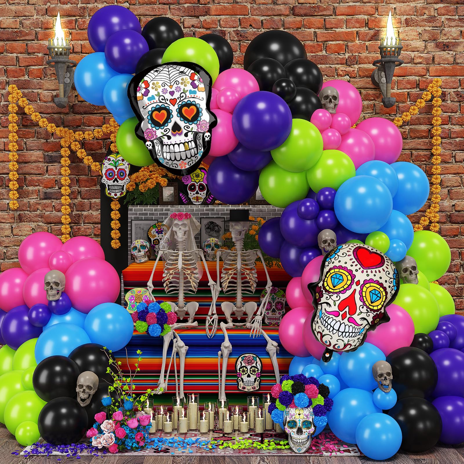 Froova Day of the Dead Balloon Arch Kit – 128 Colorful Latex & Foil Balloons for Dia de los Muertos Party Decor