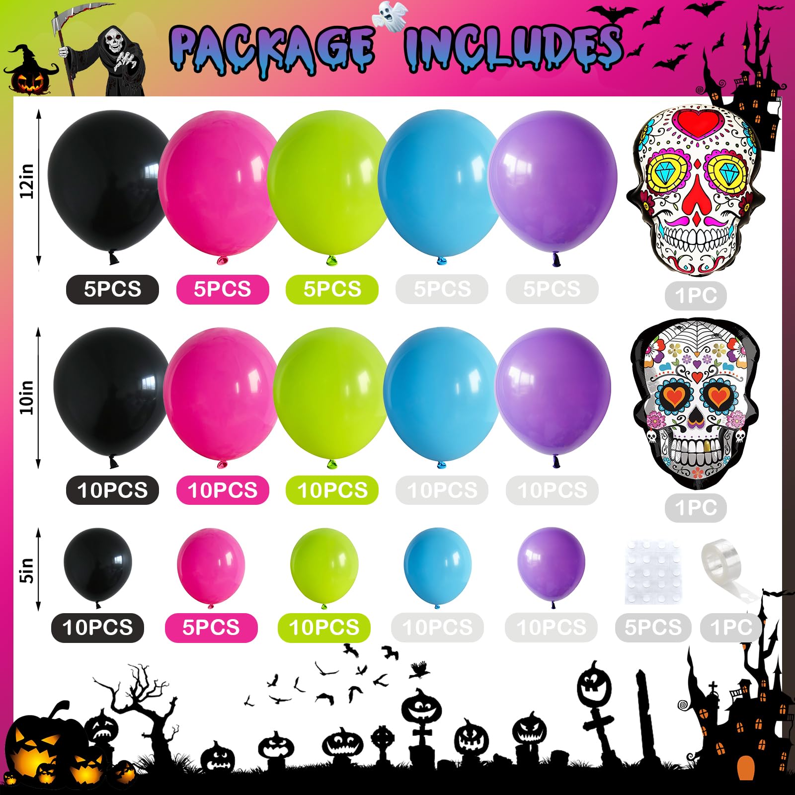 Froova Day of the Dead Balloon Arch Kit – 128 Colorful Latex & Foil Balloons for Dia de los Muertos Party Decor