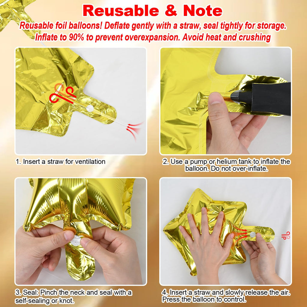 Froova Gold Foil Star Balloons Set - 22/18/10 Inch Metallic Stars for New Year, Baby Shower, Birthday Party Decorations