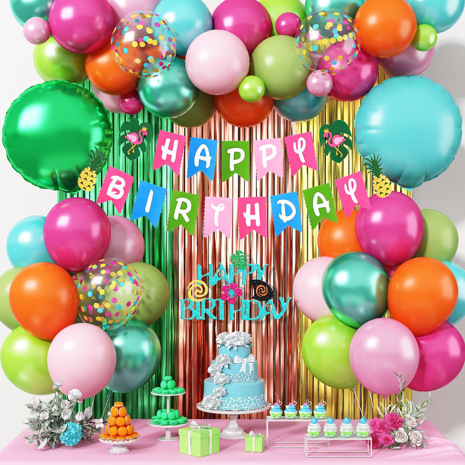 Froova Hawaiian Tropical Birthday Party Decorations Kit – 51-Piece Luau Set with Foil Curtain, Banner, Cake Topper, and Balloons
