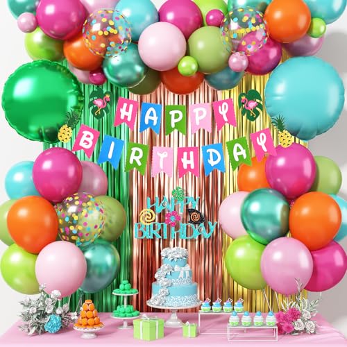 Froova Hawaiian Tropical Birthday Party Decorations Kit – 51-Piece Luau Set with Foil Curtain, Banner, Cake Topper, and Balloons
