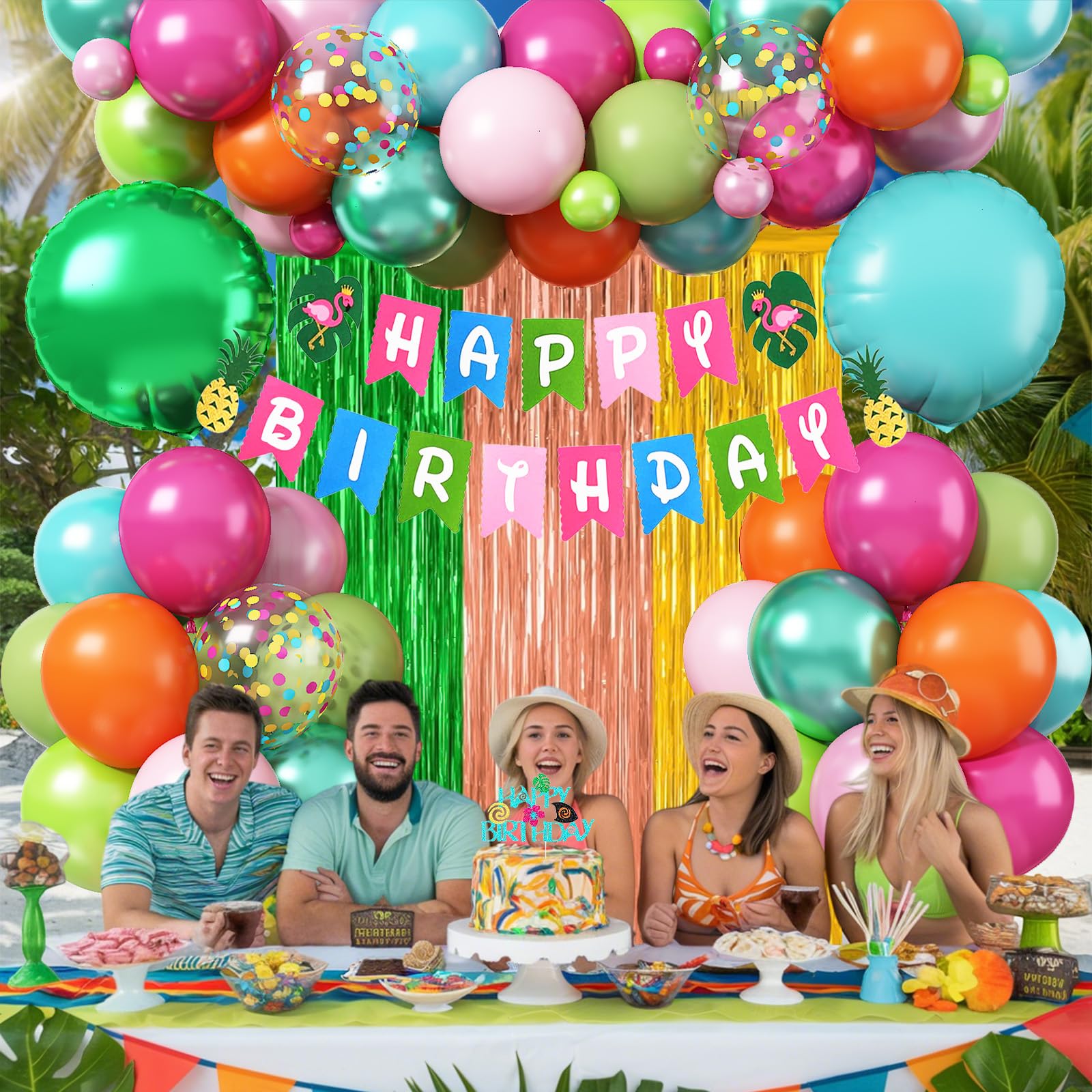 Froova Hawaiian Tropical Birthday Party Decorations Kit – 51-Piece Luau Set with Foil Curtain, Banner, Cake Topper, and Balloons