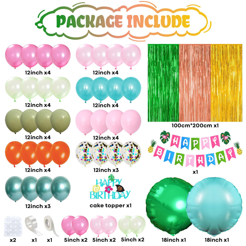 Froova Hawaiian Tropical Birthday Party Decorations Kit – 51-Piece Luau Set with Foil Curtain, Banner, Cake Topper, and Balloons