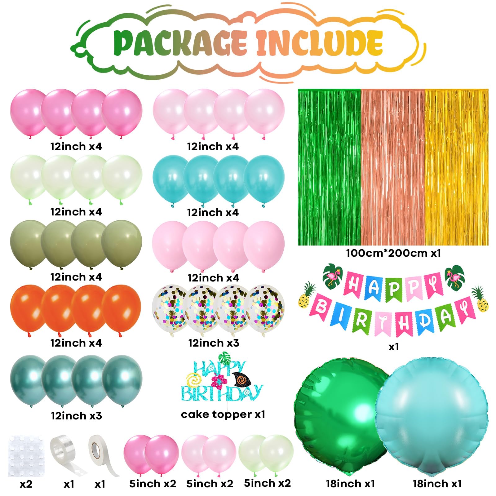 Froova Hawaiian Tropical Birthday Party Decorations Kit – 51-Piece Luau Set with Foil Curtain, Banner, Cake Topper, and Balloons