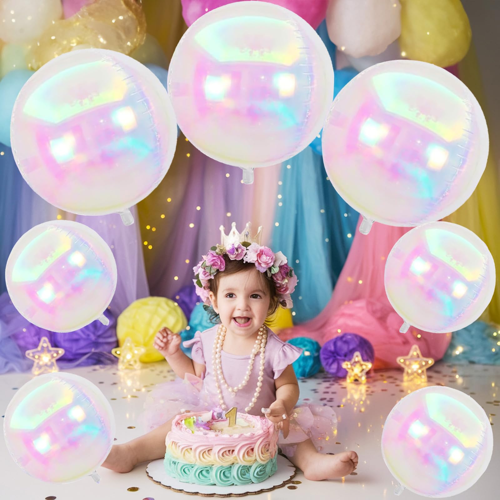 Froova Iridescent 4D Balloons Set – 7 Foil Balloons (22 & 10 Inch) for Party Decor