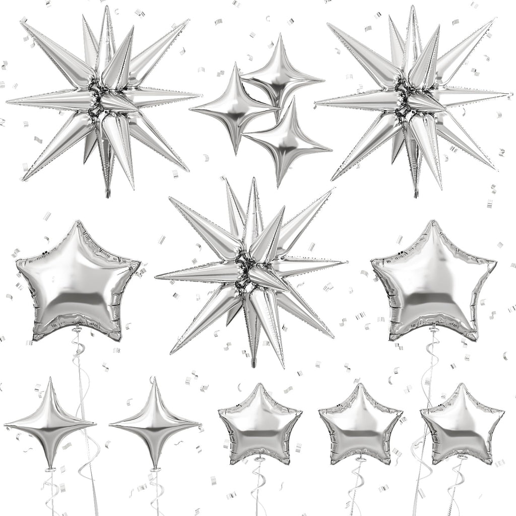 Froova Metallic Silver Star Foil Balloons - 16-Piece Set with 22, 18, 10 Inch Stars for New Year, Baby Shower, Wedding