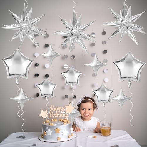 Froova Metallic Silver Star Foil Balloons - 16-Piece Set with 22, 18, 10 Inch Stars for New Year, Baby Shower, Wedding
