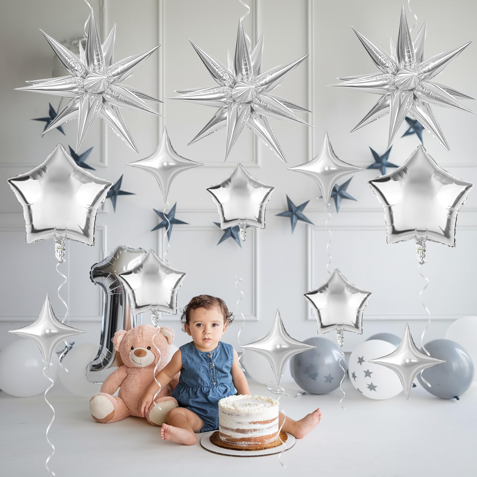 Froova Metallic Silver Star Foil Balloons - 16-Piece Set with 22, 18, 10 Inch Stars for New Year, Baby Shower, Wedding